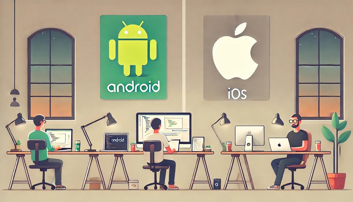 App-Entwickler arbeiten an einer App sowohl für Android als auch für iOS.